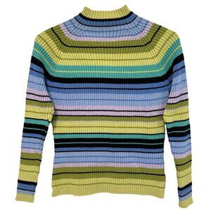 S/M Vtg 90s Y2K Green Blue Purple Sparkly Thread Stripe Ribbed Club Rave Sweater